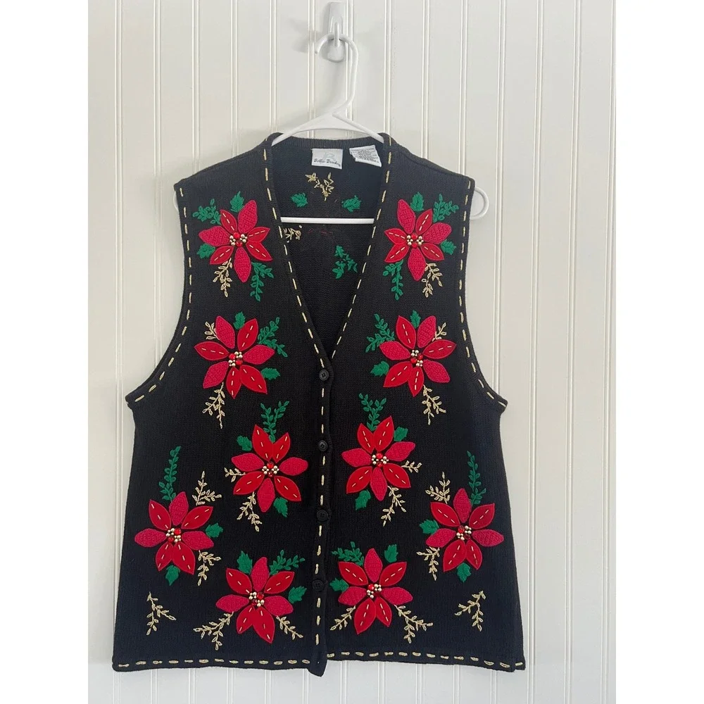 Bobbie Brooks Christmas Sweater Vest Large Black Poinsettia Beaded Holiday‎ - Picture 2 of 8
